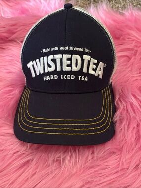 Twisted Black Trucker Hat with Yellow Stitching